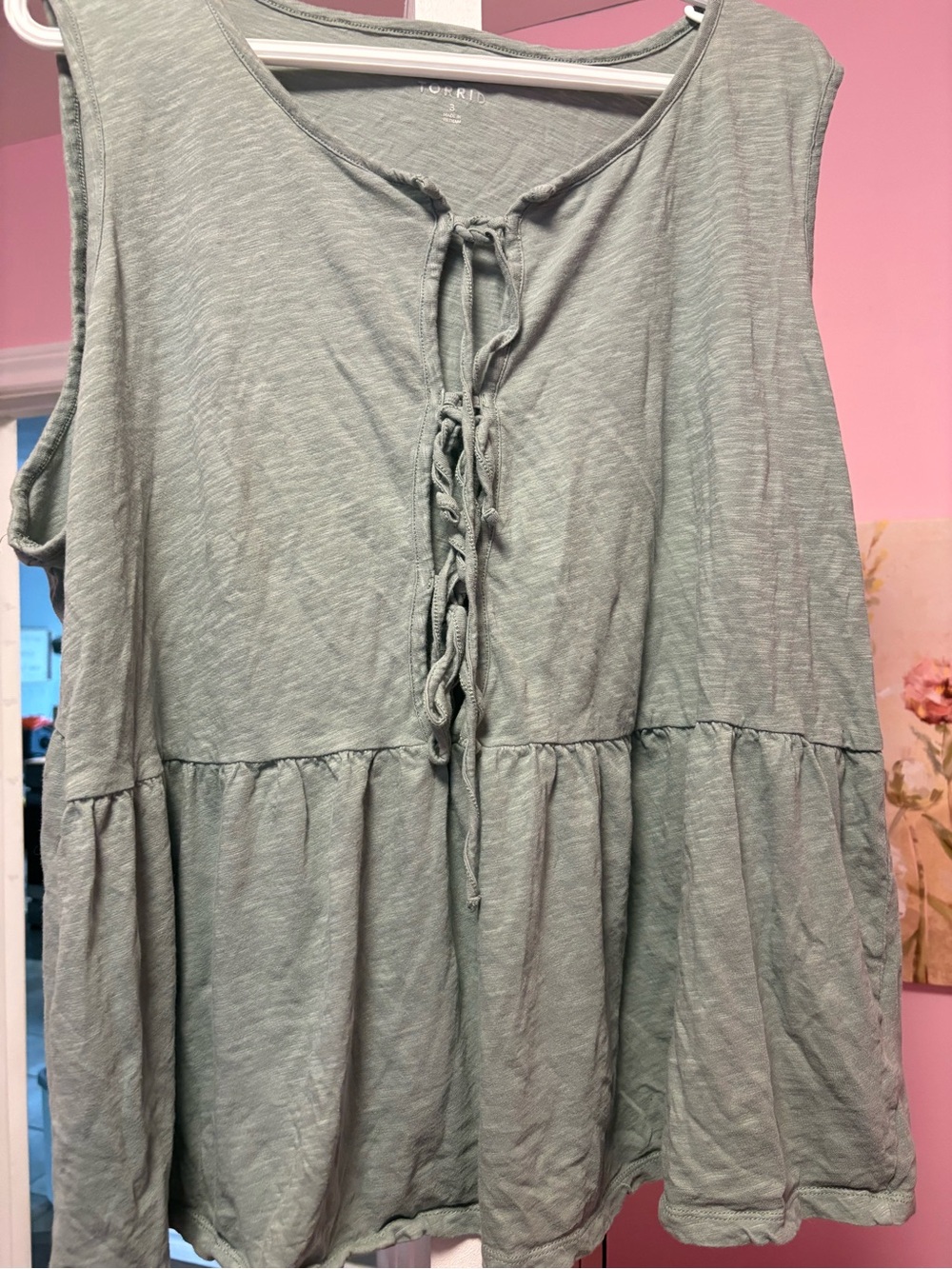 💗4/$20 Torrid Sage Lace-Up Peplum Tank in Soft Green